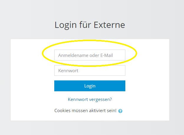 Anmeldeseite für externe Benutzer mit der neuen Option, den Benutzernamen oder die E-Mail-Adresse für Anmeldung zu benutzen.